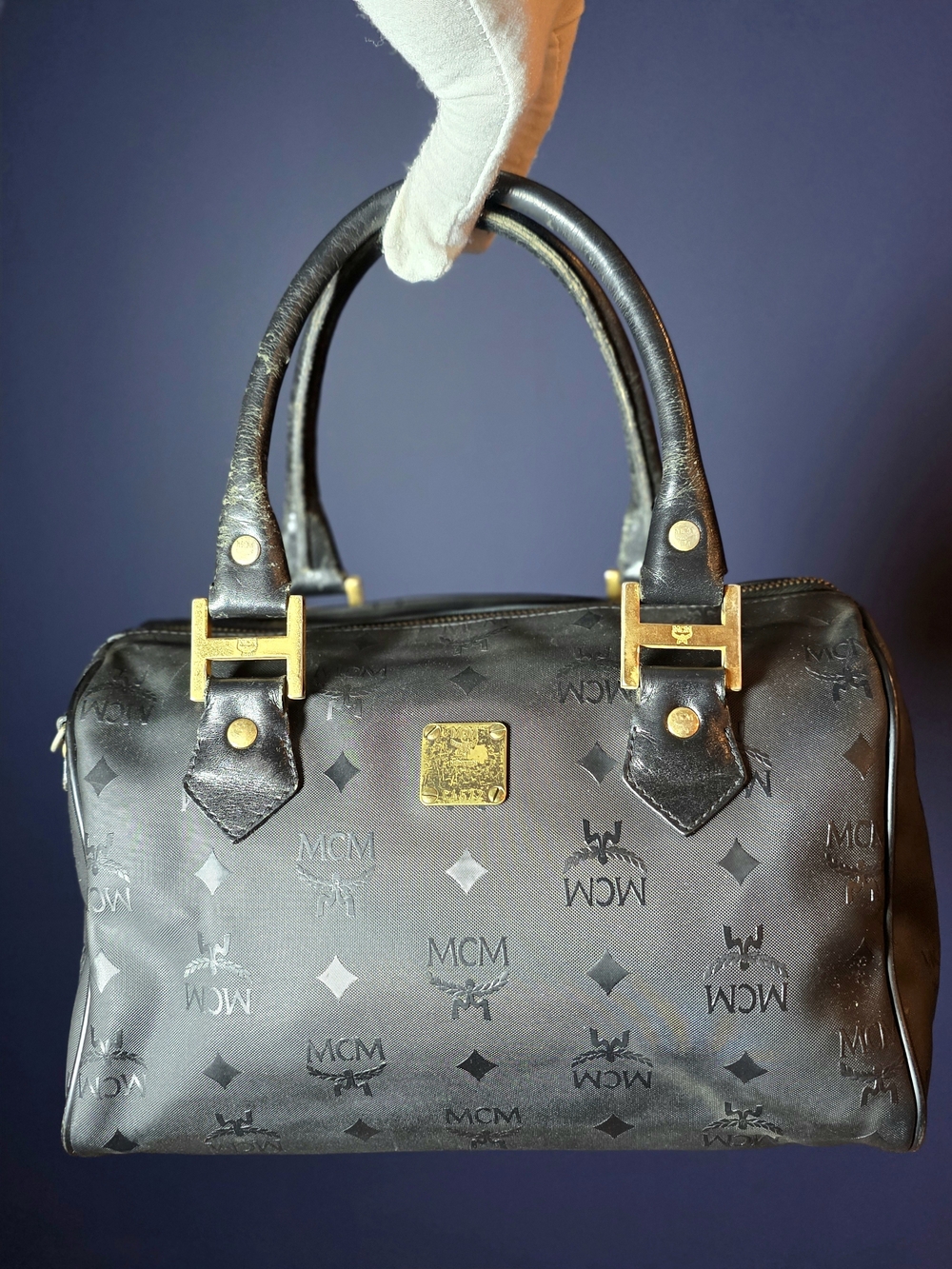 MCM Black Visetos Boston Bag Satchel with Gold Accents